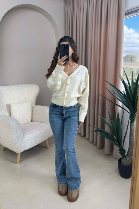 GOLD BUTTONS DETAIL ONE COLOR WOMEN CARDIGAN CREAM/KREM 