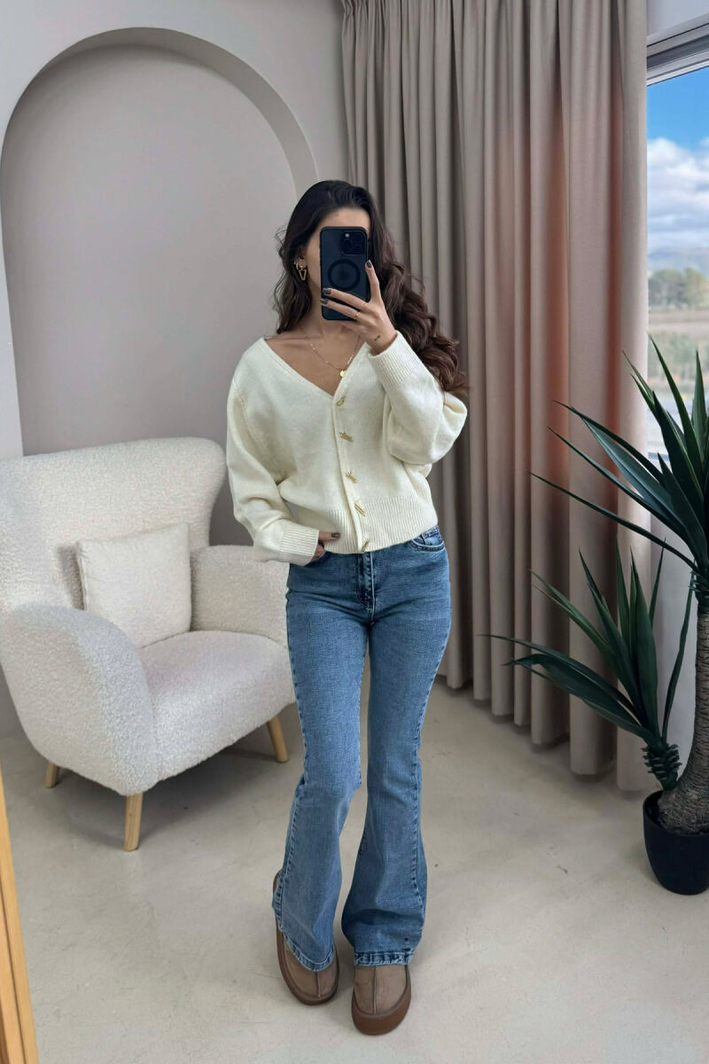 GOLD BUTTONS DETAIL ONE COLOR WOMEN CARDIGAN CREAM/KREM - 2