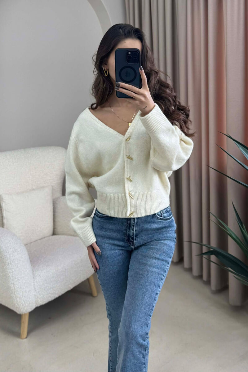 GOLD BUTTONS DETAIL ONE COLOR WOMEN CARDIGAN CREAM/KREM - 3