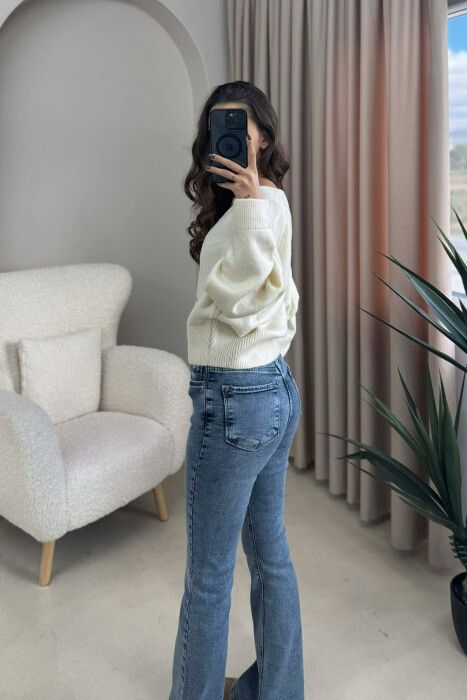 GOLD BUTTONS DETAIL ONE COLOR WOMEN CARDIGAN CREAM/KREM - 4