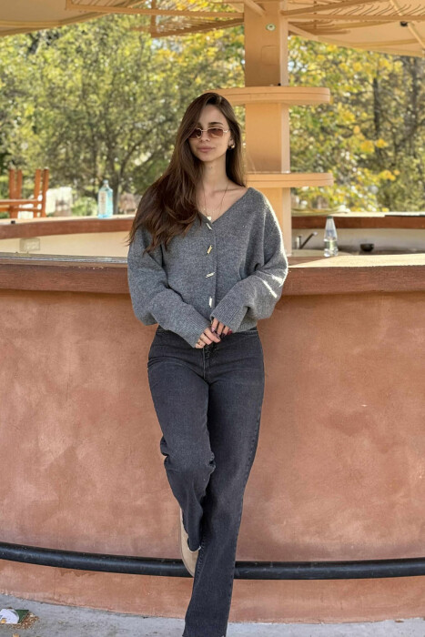 GOLD BUTTONS DETAIL ONE COLOR WOMEN CARDIGAN GREY/GRI - 1