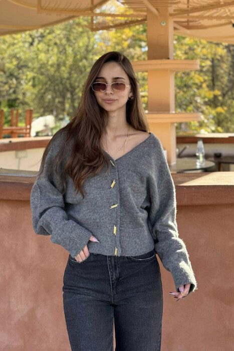 GOLD BUTTONS DETAIL ONE COLOR WOMEN CARDIGAN GREY/GRI - 2