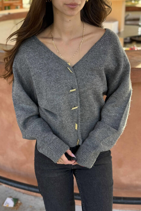 GOLD BUTTONS DETAIL ONE COLOR WOMEN CARDIGAN GREY/GRI - 3