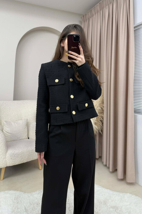 GOLD BUTTONS DETAIL SIMPLE WOMEN JACKET BLACK/ E ZEZE - 4
