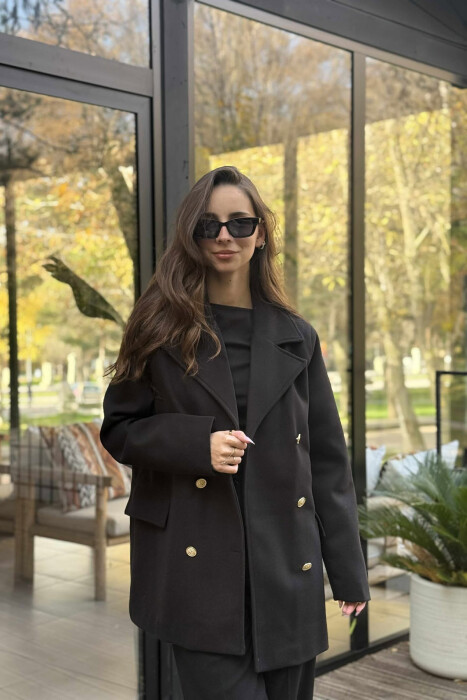 GOLD BUTTONS DETAIL SIMPLE WOMEN COAT BLACK/ E ZEZE - 3