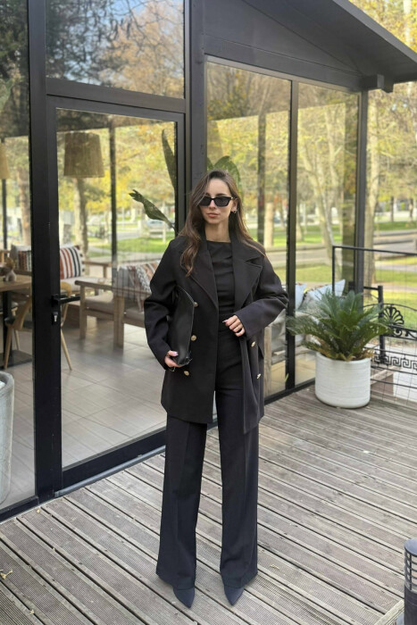 GOLD BUTTONS DETAIL SIMPLE WOMEN COAT BLACK/ E ZEZE - KLAUDIO FASHION