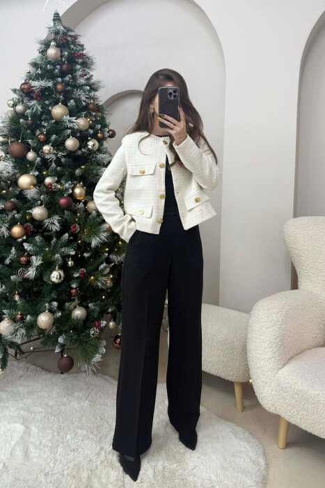 GOLD BUTTONS DETAIL SIMPLE WOMEN JACKET CREAM/KREM - KLAUDIO FASHION