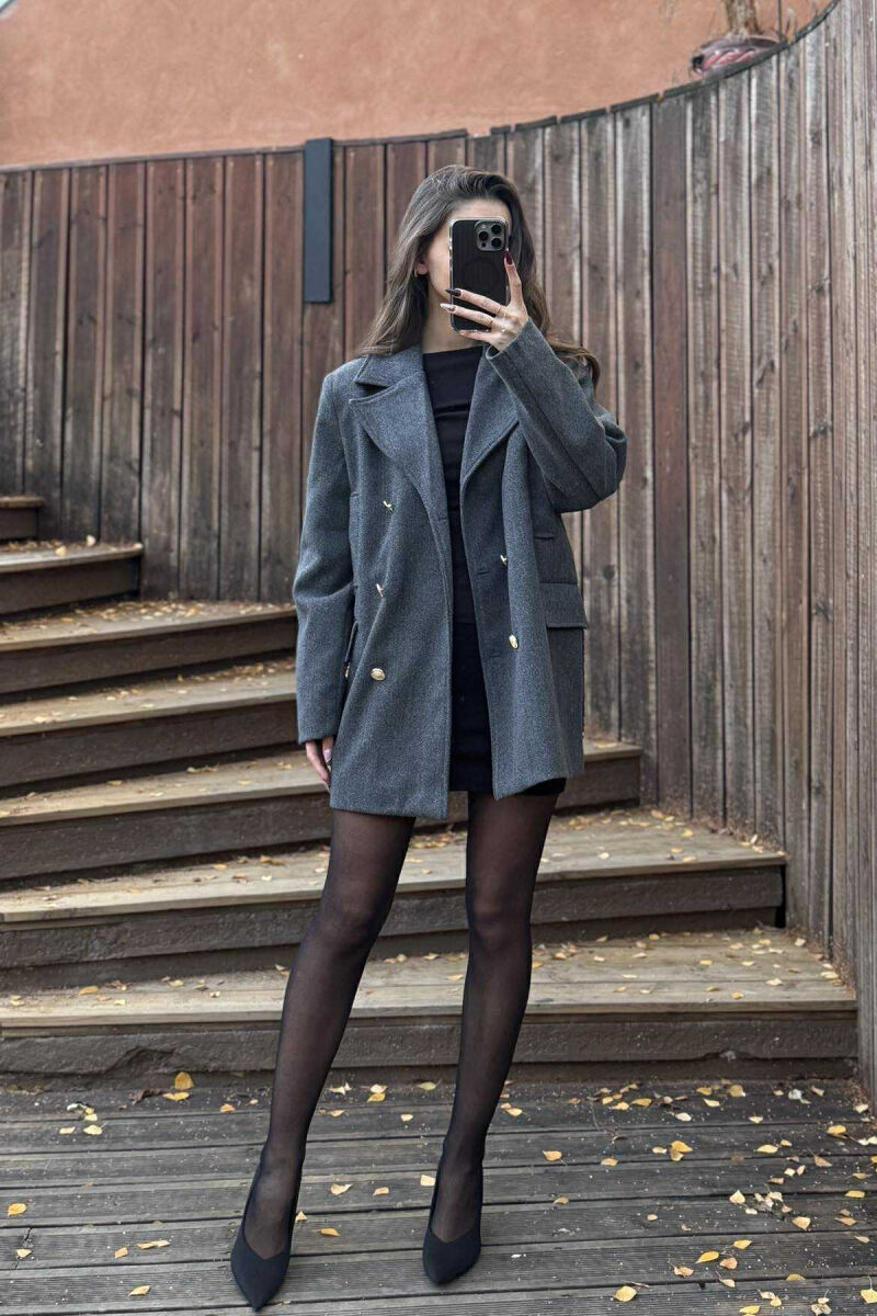 GOLD BUTTONS DETAIL SIMPLE WOMEN COAT DARK GREY/GEE - 1