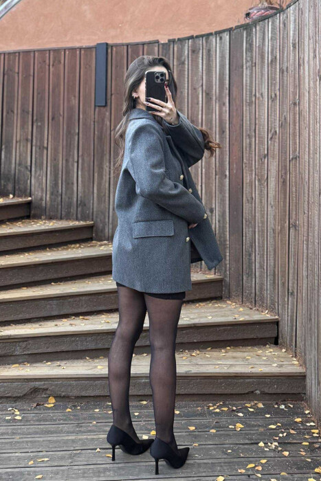 GOLD BUTTONS DETAIL SIMPLE WOMEN COAT DARK GREY/GEE - 2