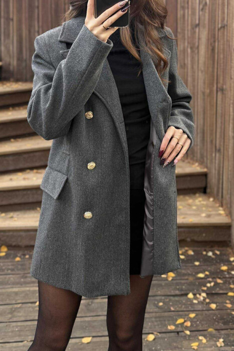 GOLD BUTTONS DETAIL SIMPLE WOMEN COAT DARK GREY/GEE - 4