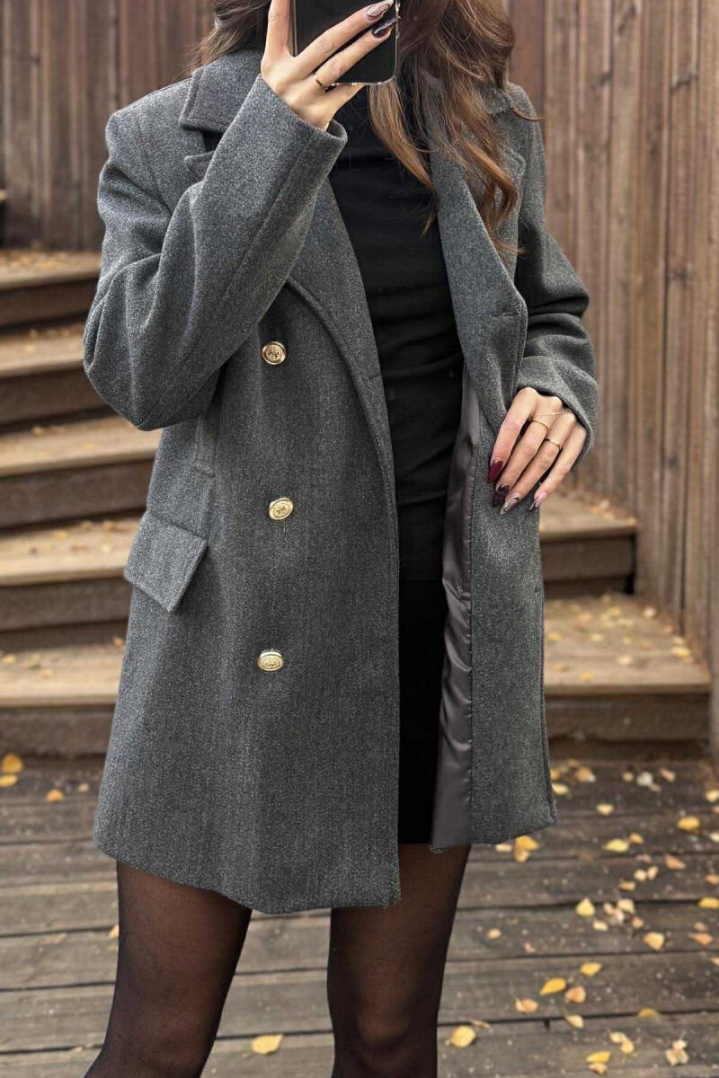 GOLD BUTTONS DETAIL SIMPLE WOMEN COAT DARK GREY/GEE - 4