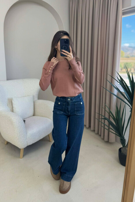 GOLD BUTTONS DETAILS ONE COLOR WOMEN SWEATER BROWN/KAFE 