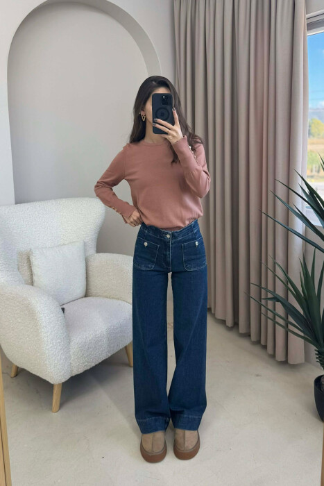 GOLD BUTTONS DETAILS ONE COLOR WOMEN SWEATER BROWN/KAFE - 3