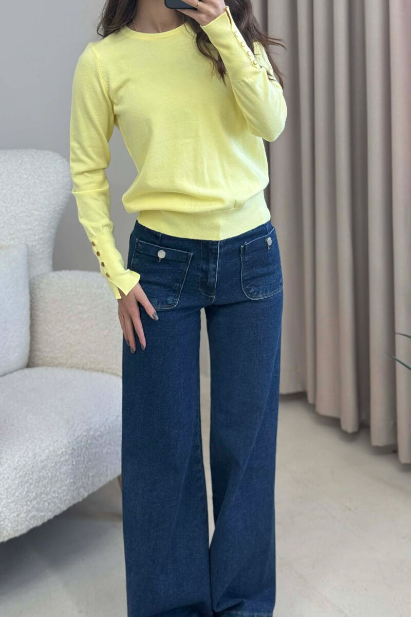 GOLD BUTTONS DETAILS ONE COLOR WOMEN SWEATER LEMON/ LIMON - 3