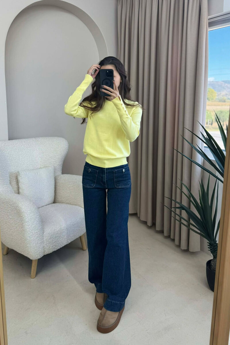 GOLD BUTTONS DETAILS ONE COLOR WOMEN SWEATER LEMON/ LIMON - 4