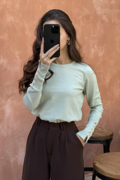 GOLD BUTTONS DETAILS ONE COLOR WOMEN SWEATER MINT/MENTE - 2