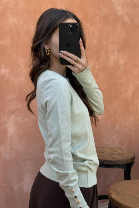 GOLD BUTTONS DETAILS ONE COLOR WOMEN SWEATER MINT/MENTE - 4