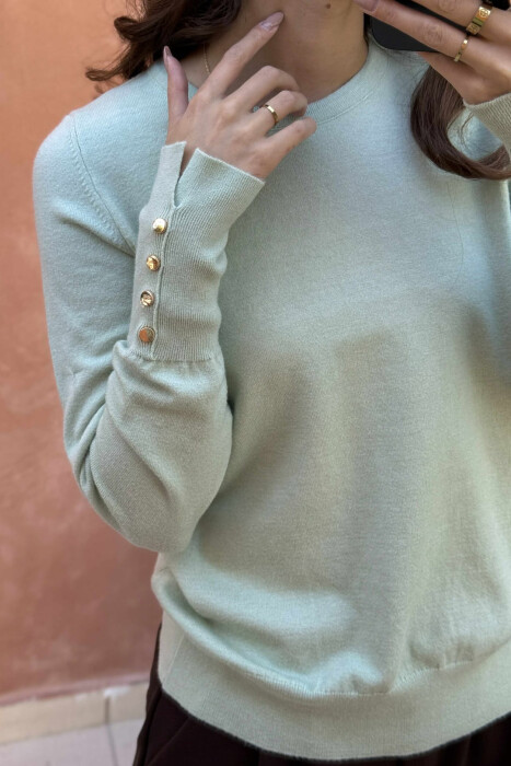 GOLD BUTTONS DETAILS ONE COLOR WOMEN SWEATER MINT/MENTE - 5