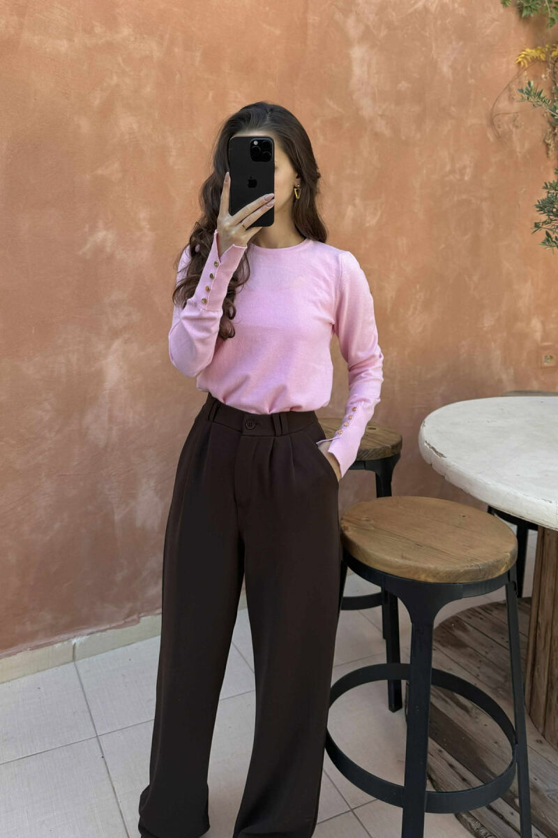 GOLD BUTTONS DETAILS ONE COLOR WOMEN SWEATER PINK/ROZE - 1