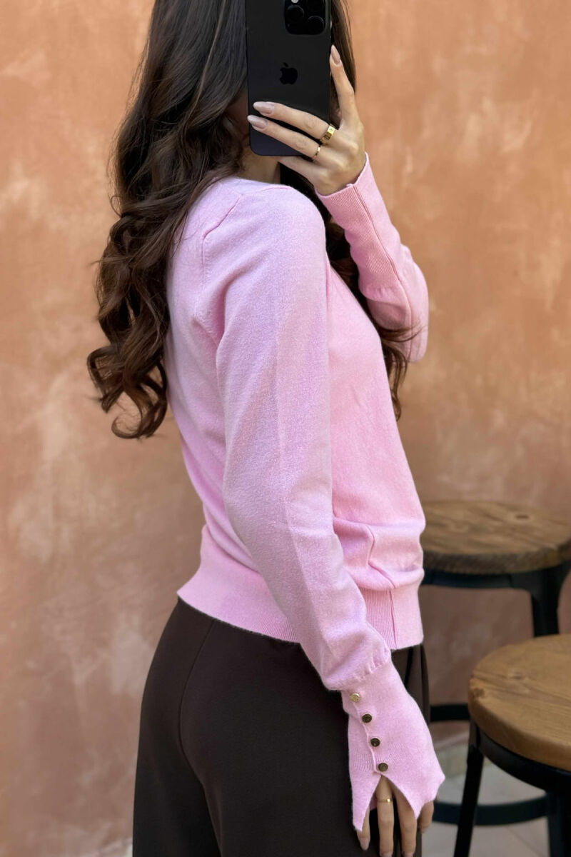 GOLD BUTTONS DETAILS ONE COLOR WOMEN SWEATER PINK/ROZE - 2