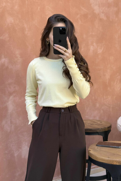 GOLD BUTTONS DETAILS ONE COLOR WOMEN SWEATER YELLOW/E VERDHE - 3