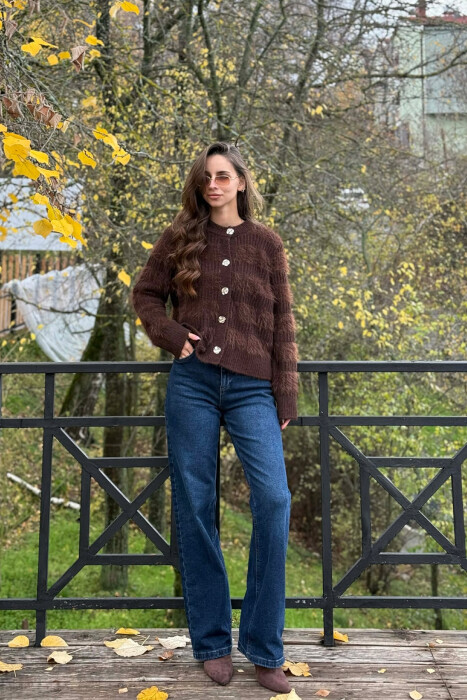 GOLD BUTTONS FUZZY WOMEN CARDIGAN BROWN/KAFE - KLAUDIO FASHION