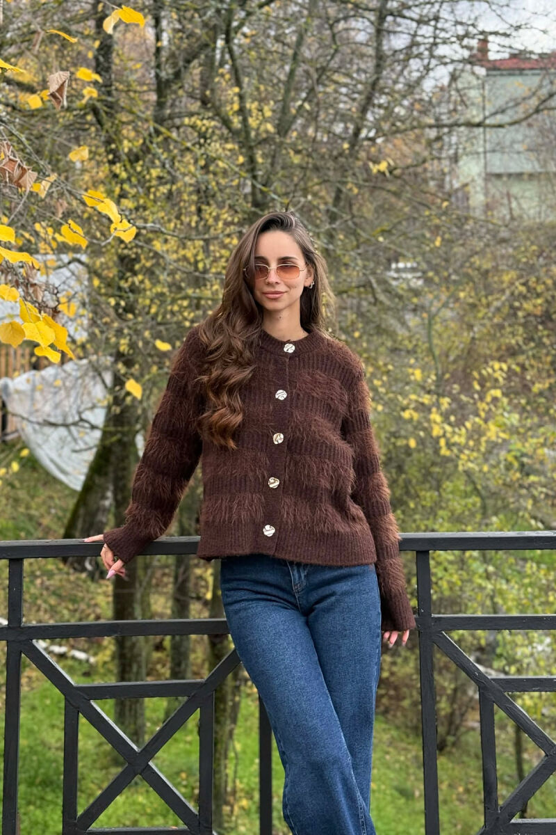 GOLD BUTTONS FUZZY WOMEN CARDIGAN BROWN/KAFE - 2
