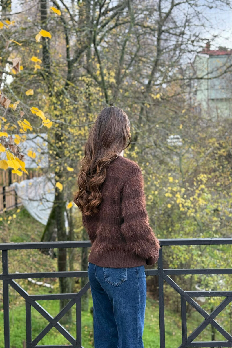 GOLD BUTTONS FUZZY WOMEN CARDIGAN BROWN/KAFE - 3