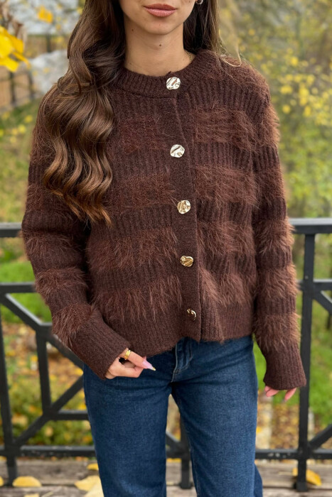 GOLD BUTTONS FUZZY WOMEN CARDIGAN BROWN/KAFE - 4