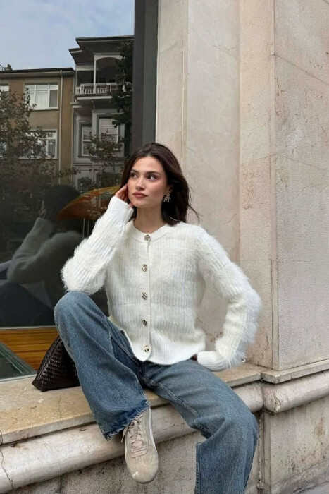 GOLD BUTTONS FUZZY WOMEN CARDIGAN WHITE-E BARDHE - KLAUDIO FASHION