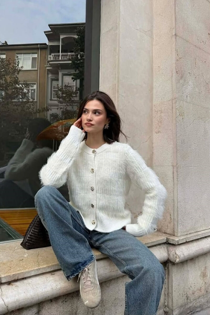 GOLD BUTTONS FUZZY WOMEN CARDIGAN WHITE-E BARDHE - 1
