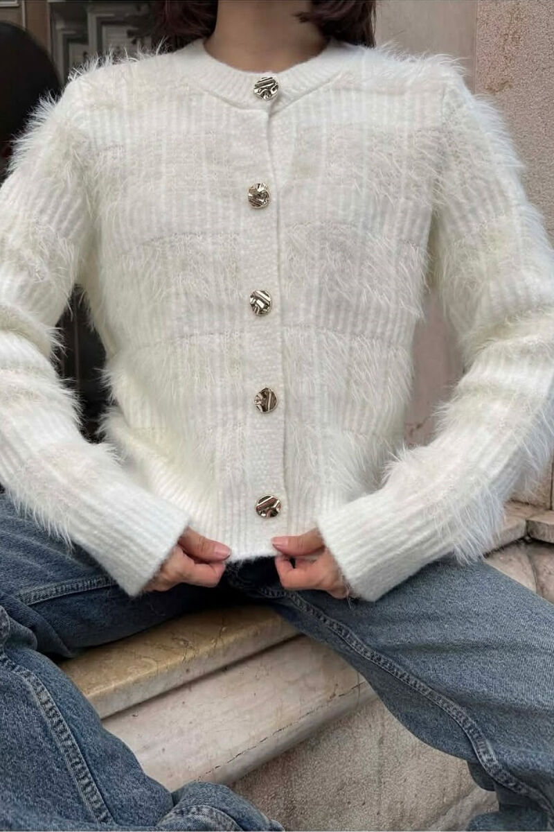 GOLD BUTTONS FUZZY WOMEN CARDIGAN WHITE-E BARDHE - 2