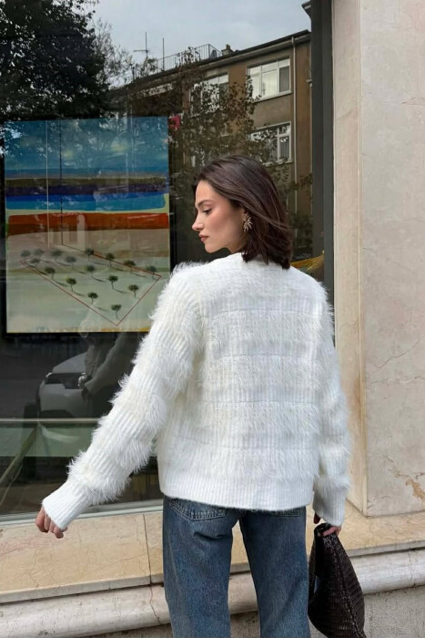 GOLD BUTTONS FUZZY WOMEN CARDIGAN WHITE-E BARDHE - 3