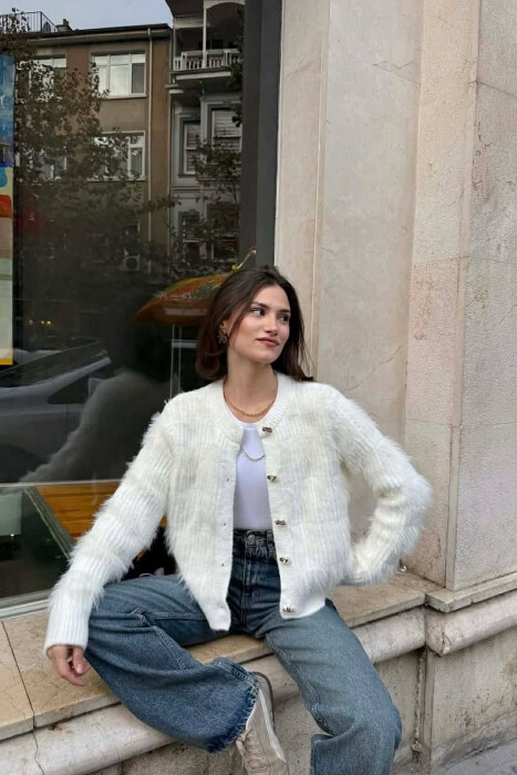 GOLD BUTTONS FUZZY WOMEN CARDIGAN WHITE-E BARDHE - 4