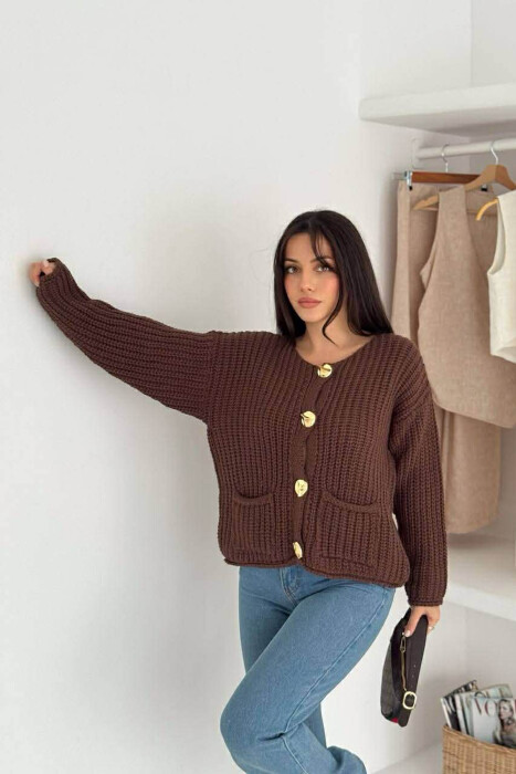 GOLD BUTTONS KNITTED ONE COLOR WOMEN CARDIGAN BROWN/KAFE - KLAUDIO FASHION