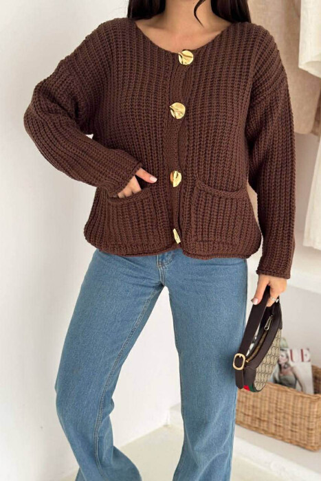 GOLD BUTTONS KNITTED ONE COLOR WOMEN CARDIGAN BROWN/KAFE - 2