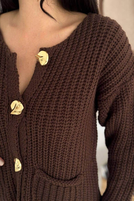 GOLD BUTTONS KNITTED ONE COLOR WOMEN CARDIGAN BROWN/KAFE - 3