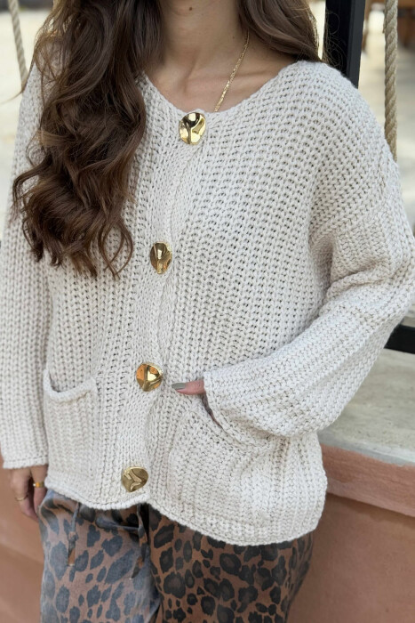 GOLD BUTTONS KNITTED ONE COLOR WOMEN CARDIGAN CREAM/KREM - 3