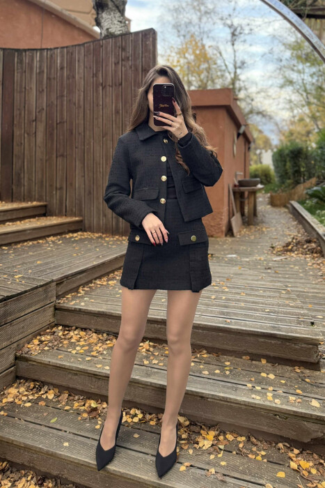 GOLD BUTTONS ONE COLOR JACKET+SKIRT WOMEN SET BLACK/ E ZEZE - 2