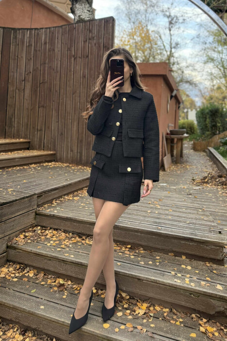 GOLD BUTTONS ONE COLOR JACKET+SKIRT WOMEN SET BLACK/ E ZEZE - KLAUDIO FASHION