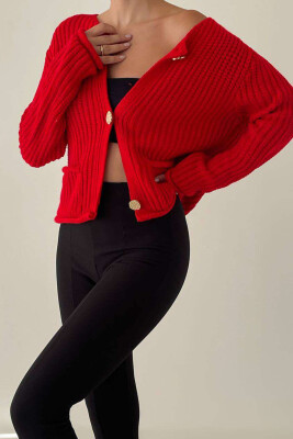 GOLD BUTTONS ONE COLOR POCKET WOMAN CARDIGAN RED/E KUQE 