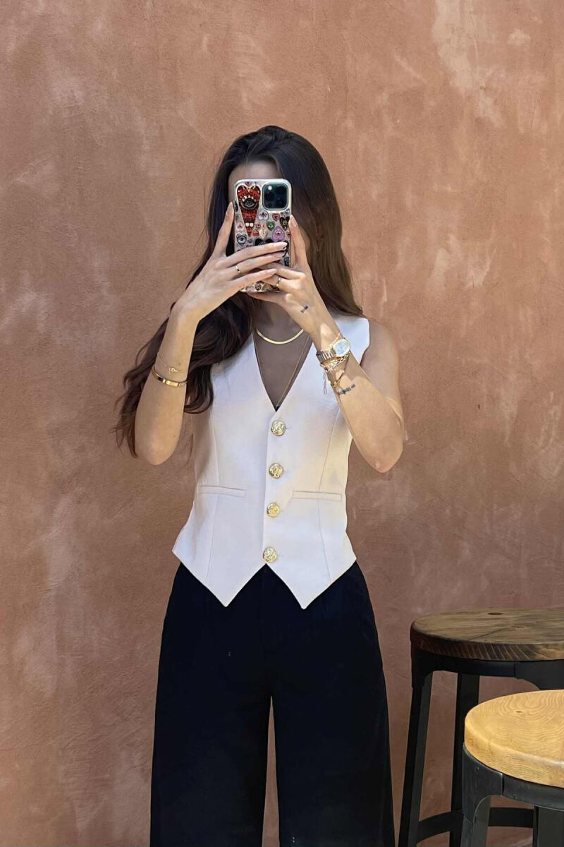 GOLD BUTTONS ONE COLOR WOMEN VEST CREAM/KREM - 2