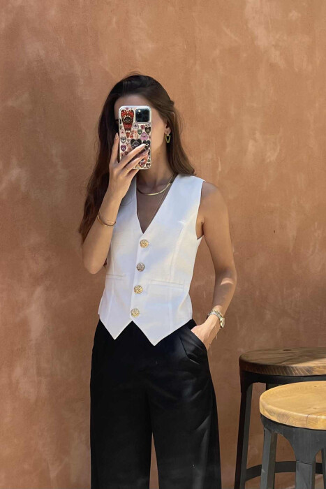 GOLD BUTTONS ONE COLOR WOMEN VEST WHITE-E BARDHE 