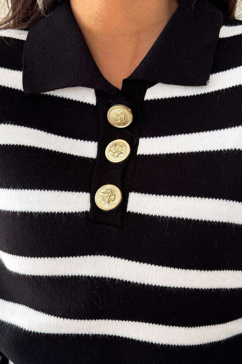 GOLD BUTTONS POLO NECK WOMEN SWEATER BLACK-WHITE/ZEBA - 2