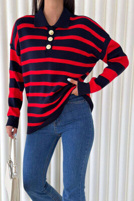 GOLD BUTTONS POLO NECK WOMEN SWEATER BLUE-RED/BLKU 