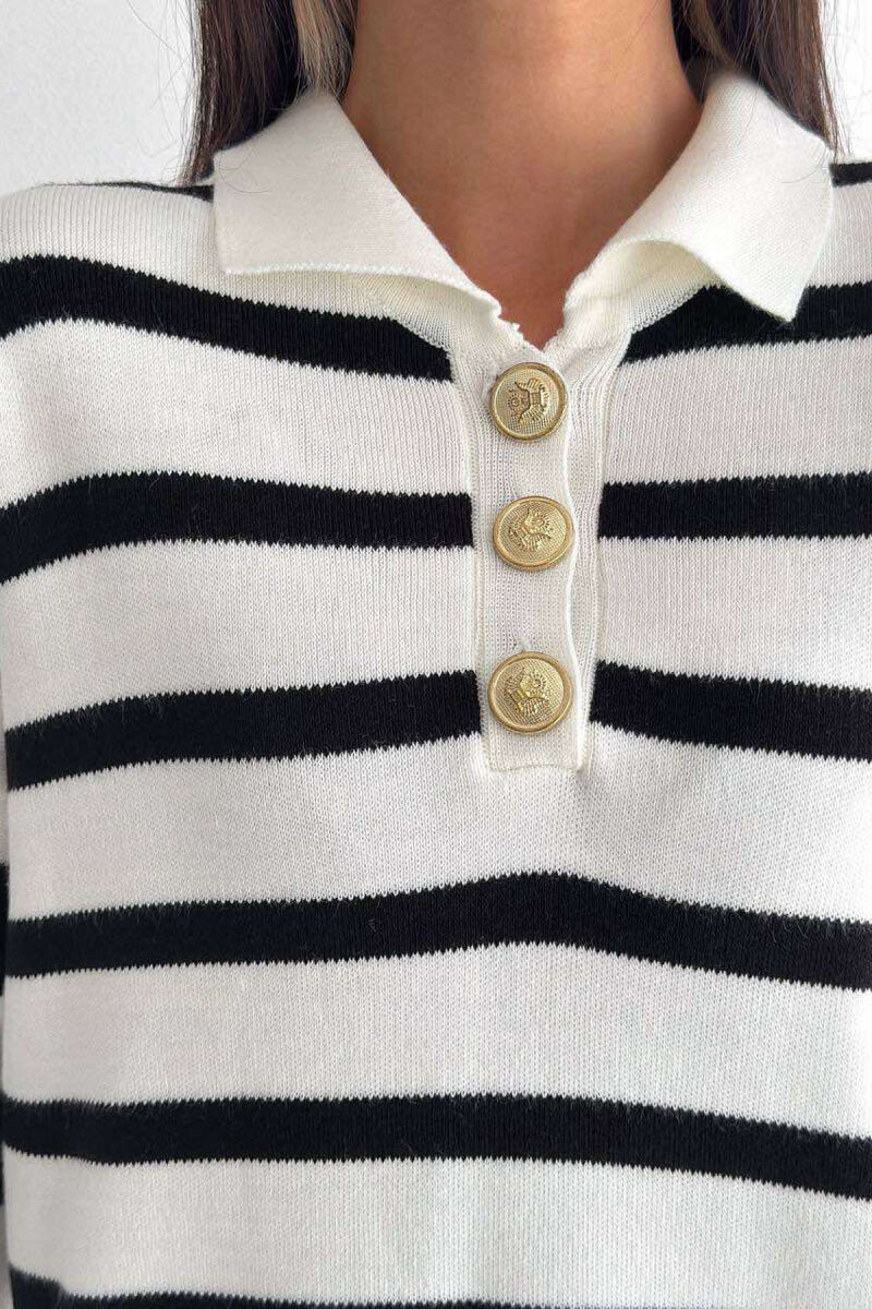 GOLD BUTTONS POLO NECK WOMEN SWEATER WHITE-BLACK/BAZE - 3