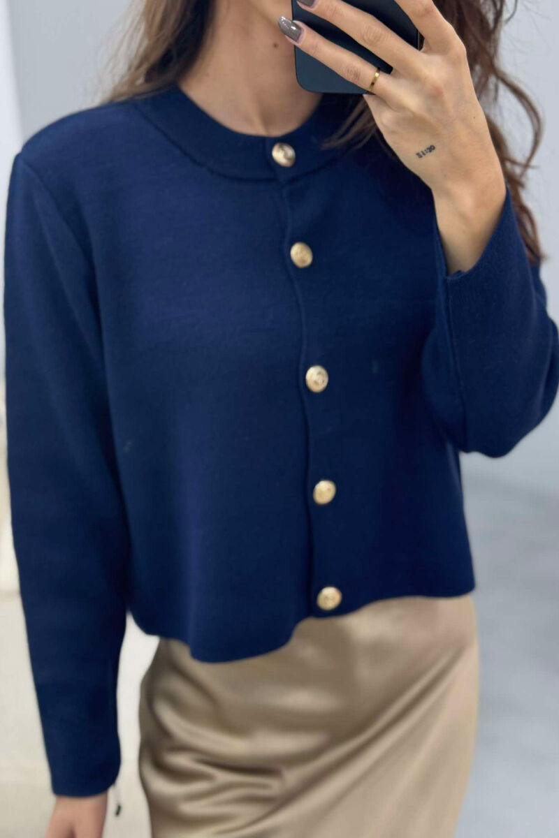 GOLD BUTTONS ROUND NECK WOMEN CARDIGAN DARK BLUE/BEE - 2