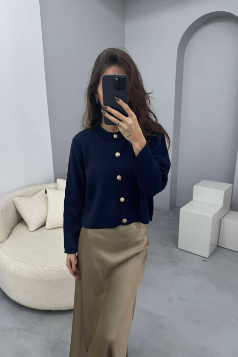 GOLD BUTTONS ROUND NECK WOMEN CARDIGAN DARK BLUE/BEE - 3