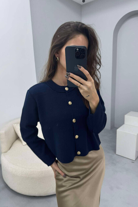 GOLD BUTTONS ROUND NECK WOMEN CARDIGAN DARK BLUE/BEE - 4