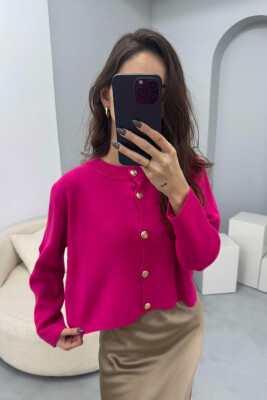 GOLD BUTTONS ROUND NECK WOMEN CARDIGAN FUCHSIA/CIKLAMI 